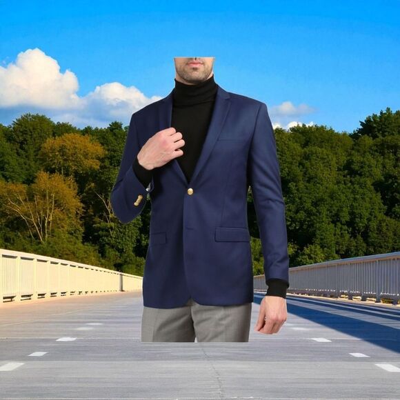 FERRECCI MEN'S NAVY SLIM FIT BLAZER WITH GOLD BUTTONS. WARWICK. - Picture 1 of 2